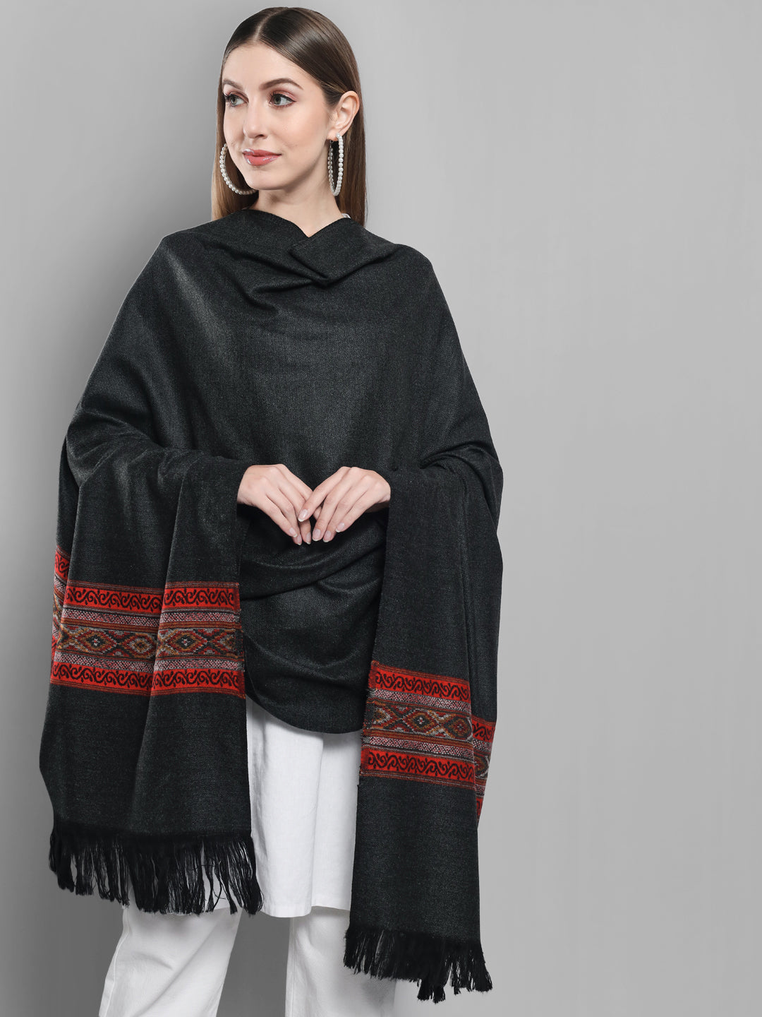 Kullu Himalayan Striped Border Shawl for Women | Charcoal