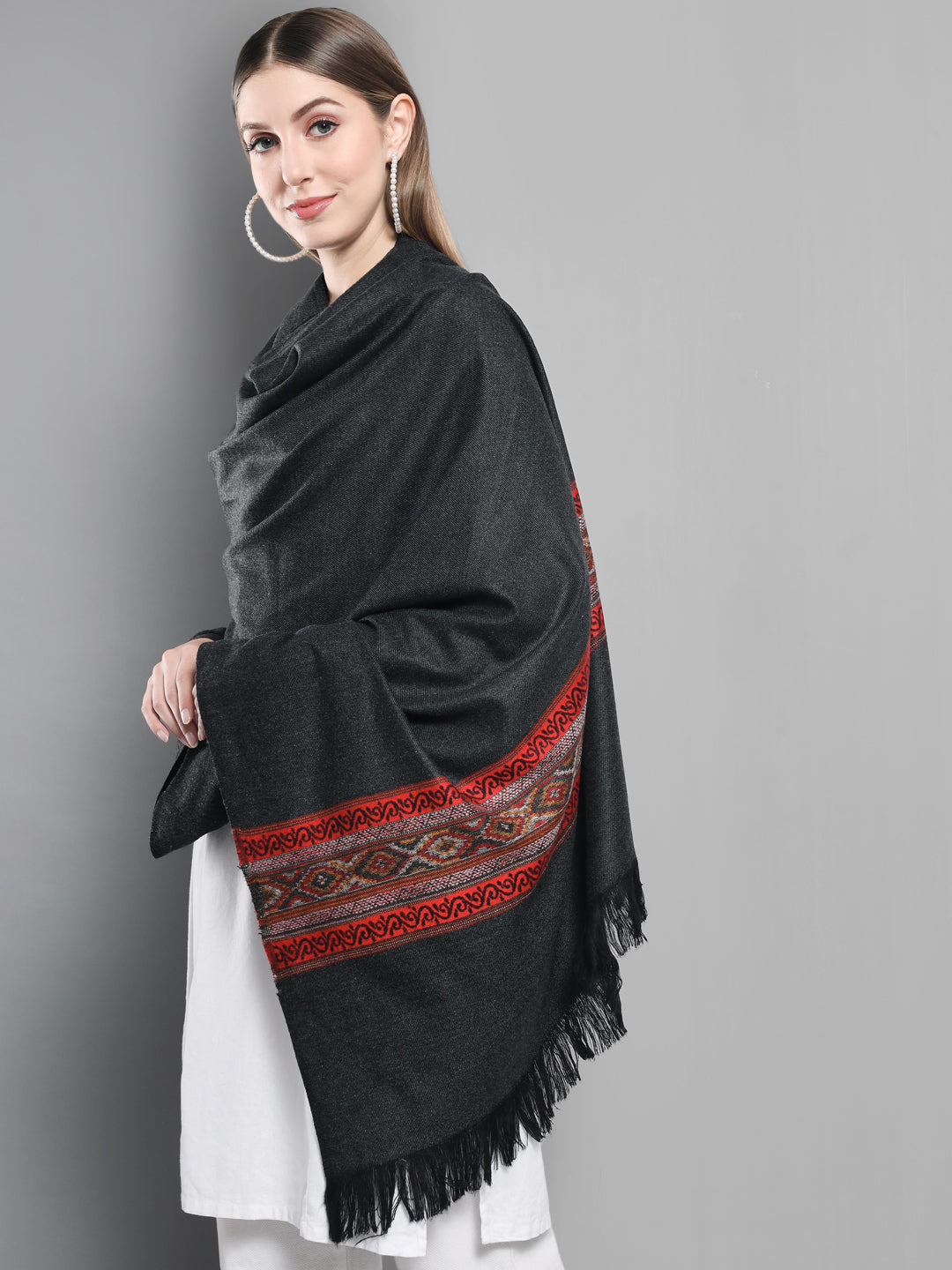 Kullu Himalayan Striped Border Shawl for Women | Charcoal