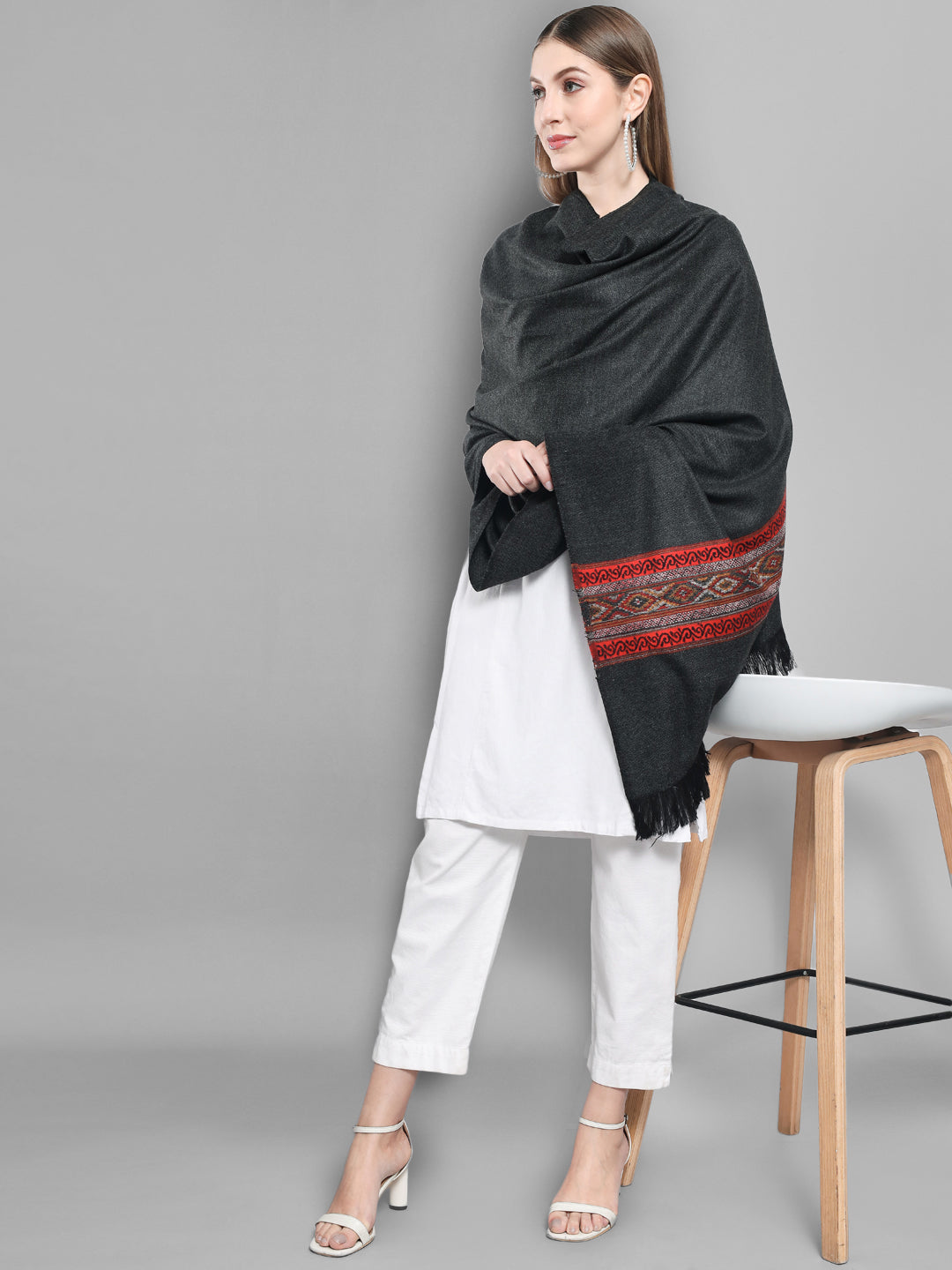 Kullu Himalayan Striped Border Shawl for Women | Charcoal