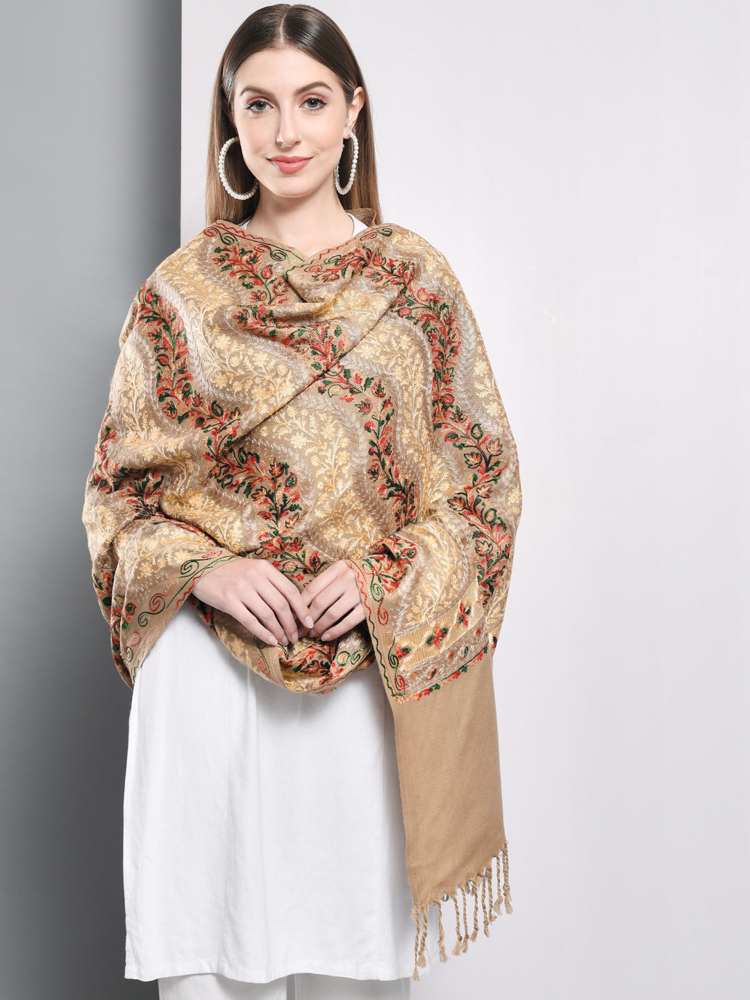 Kashmiri Aari Embroidery Woollen Shawl | Brown