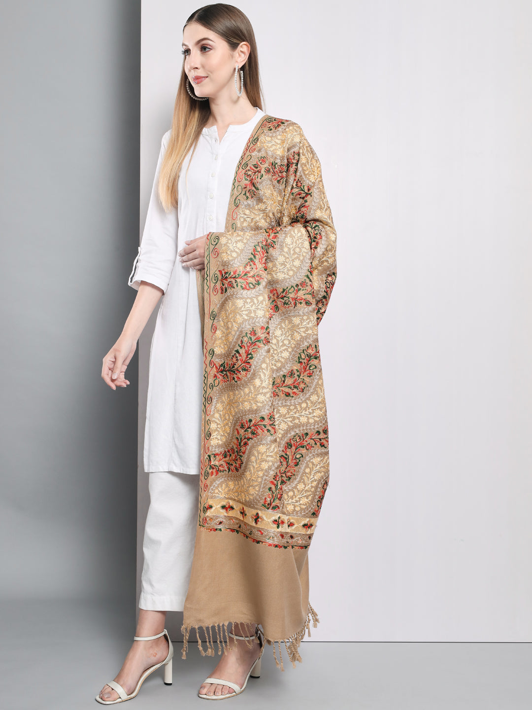 Kashmiri Aari Embroidery Woollen Shawl | Brown