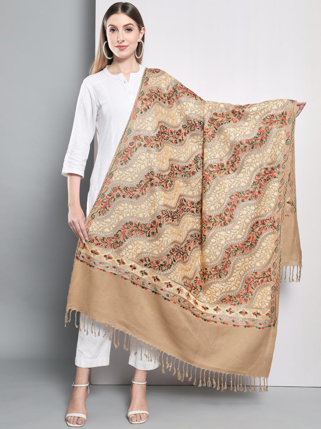 Kashmiri Aari Embroidery Woollen Shawl | Brown