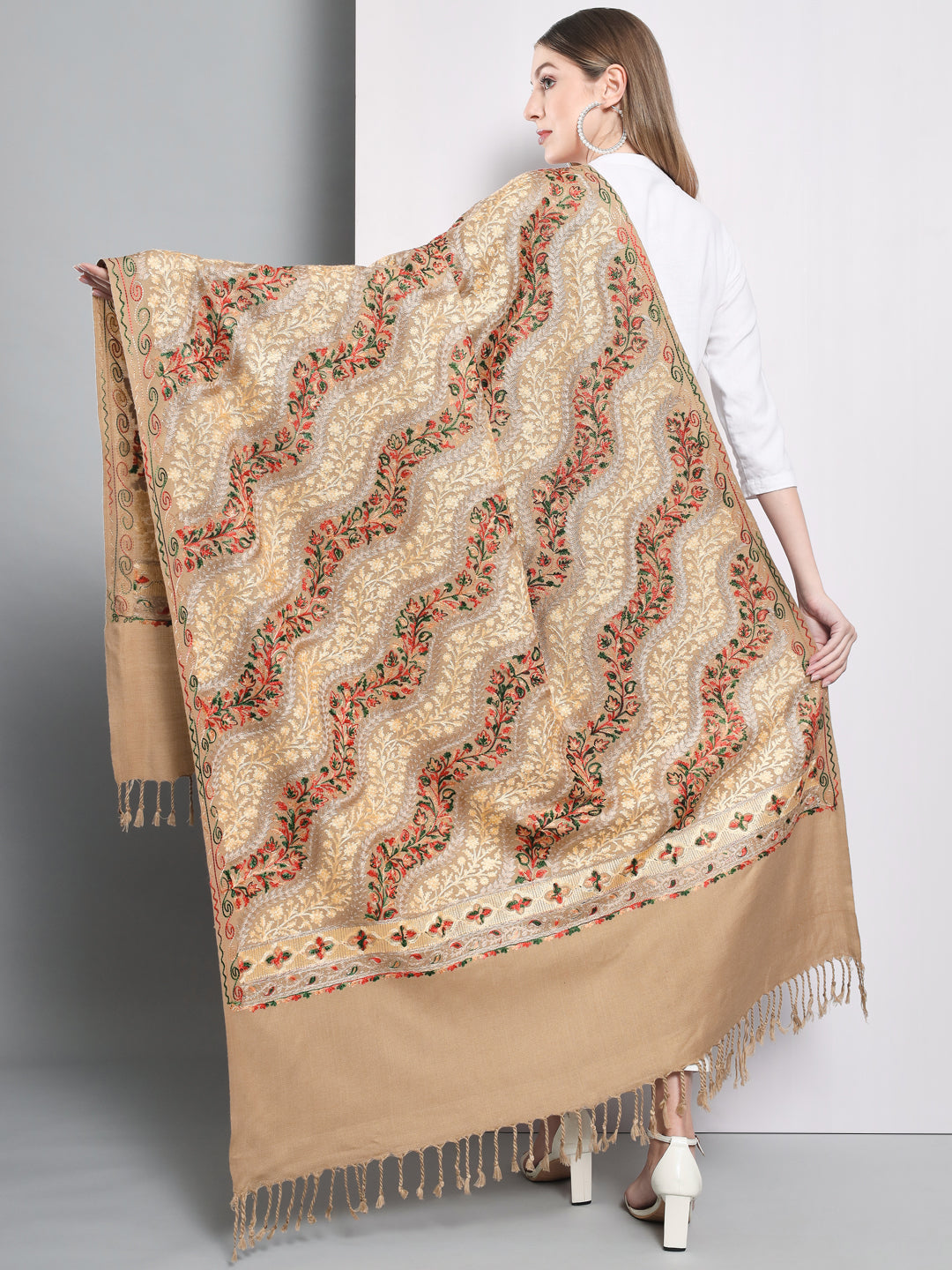 Kashmiri Aari Embroidery Woollen Shawl | Brown