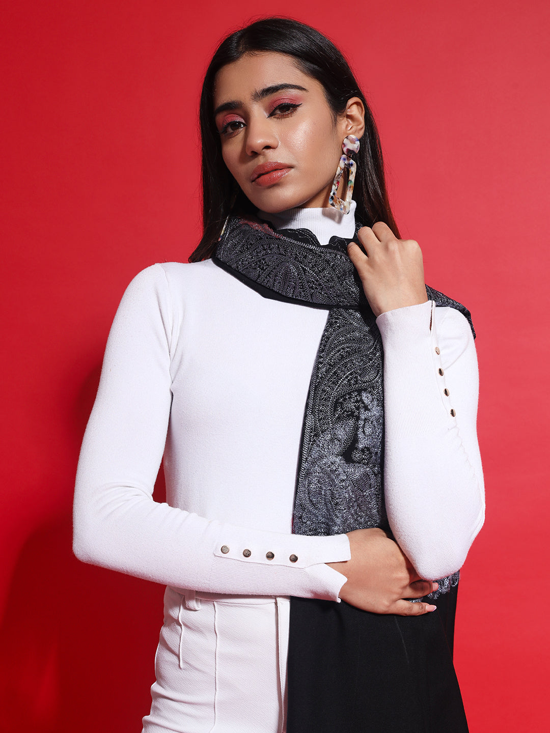 Woollen Pashmina Feel Stole in Silk Embroidery for Women | Black