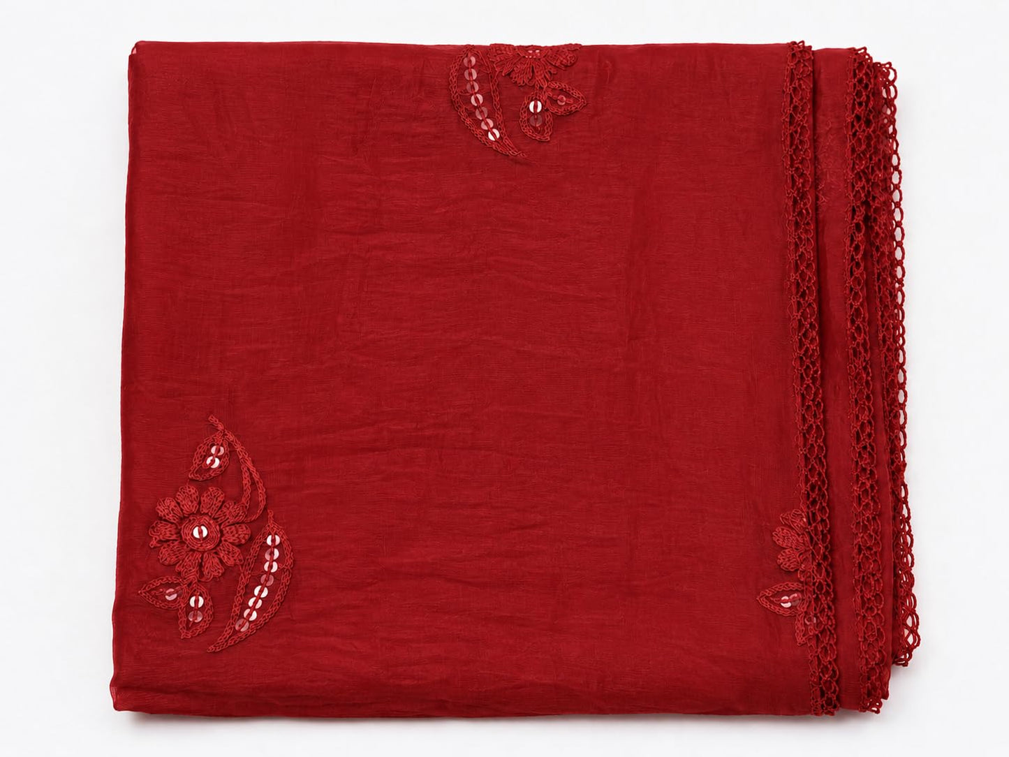 Self Floral Embroidery Chanderi Cotton Dupatta for Women | Red - view 5