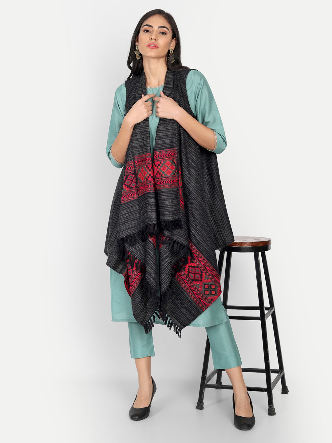 Women's Woven Cape Shrug in Himalayan Stripes | Black