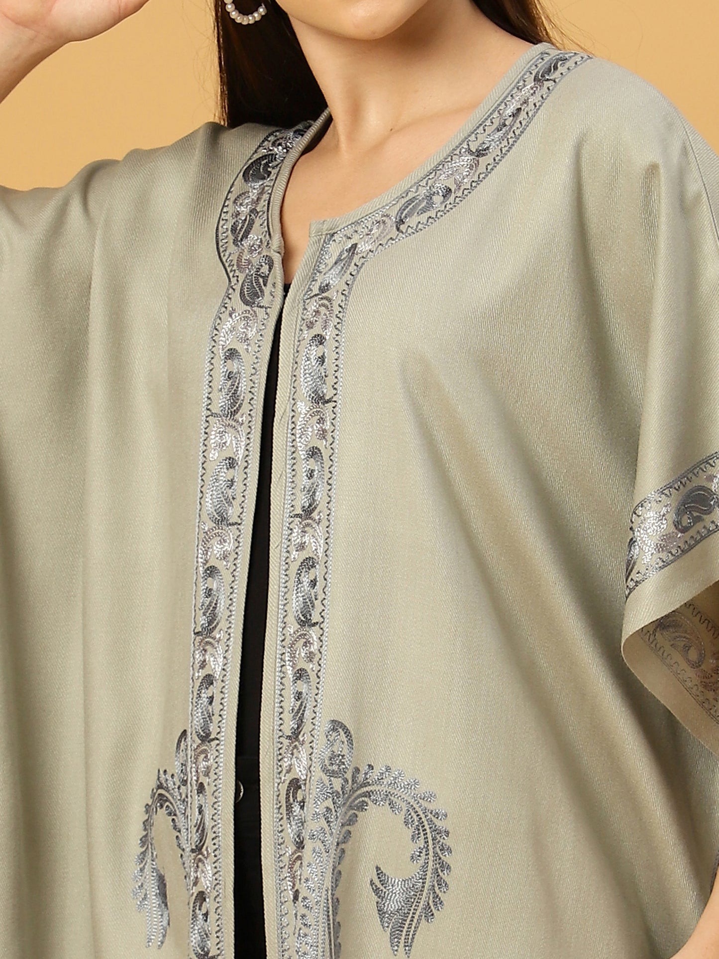 Kashmiri Embroidery Grey Pheran Shrug