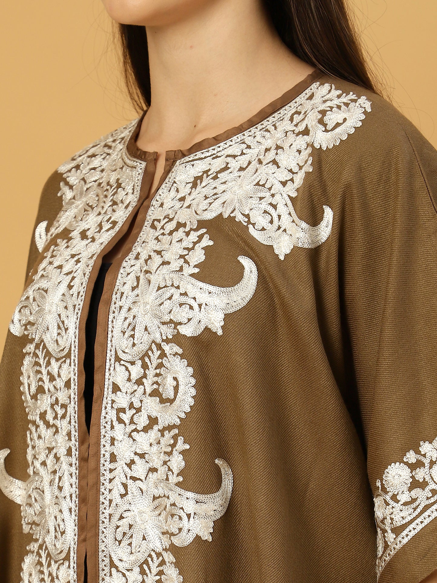 Floral Embroidery Brown Pheran Shrug