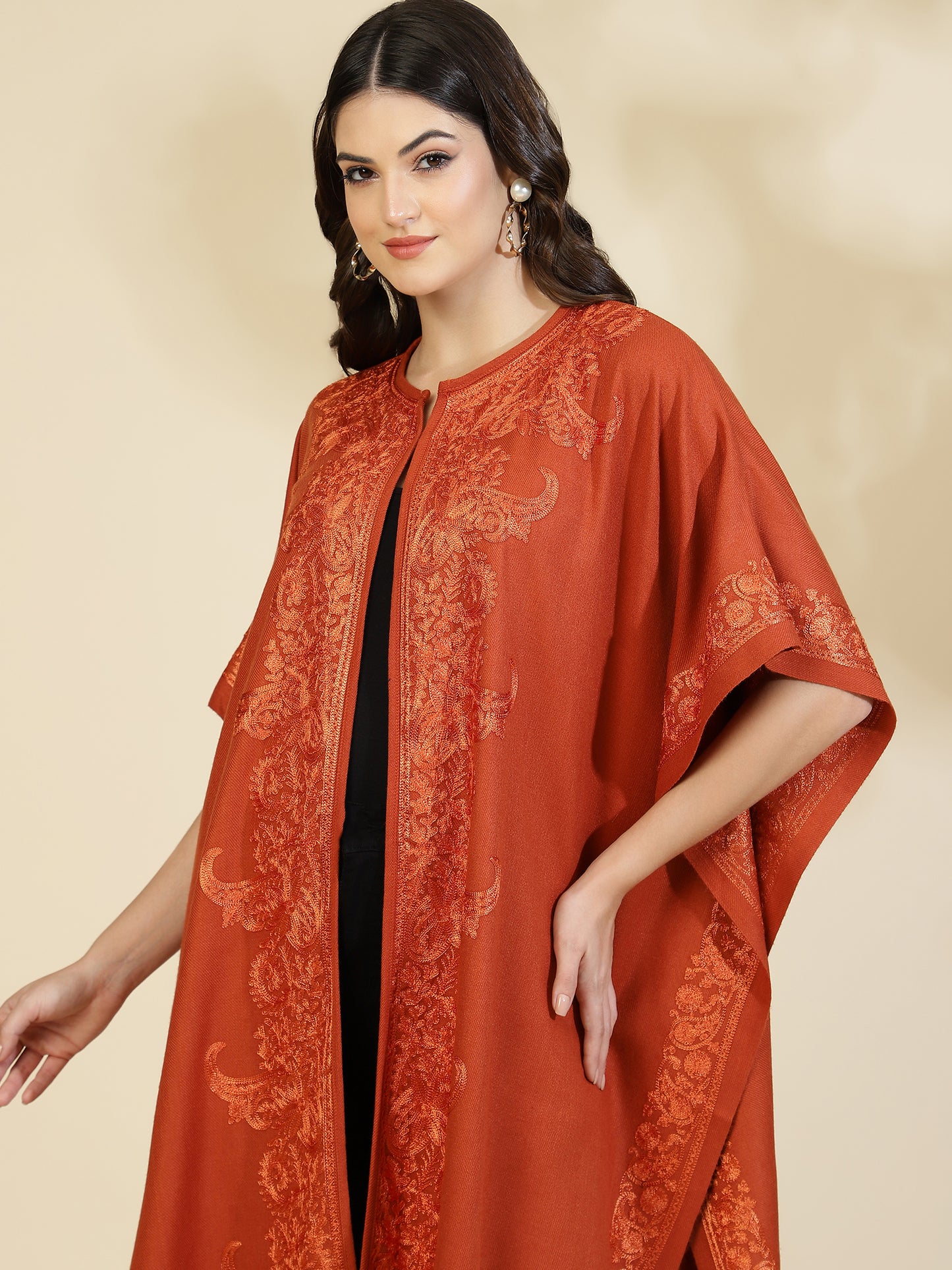 Floral Embroidery Rust Pheran Shrug