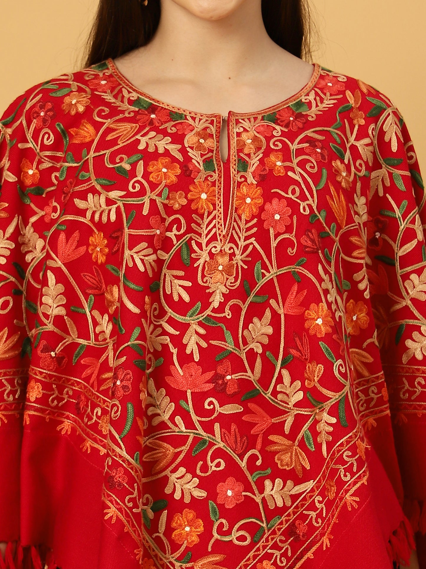 Woolen Kashmiri Poncho with Jaal Embroidery and Silk Lining | Red