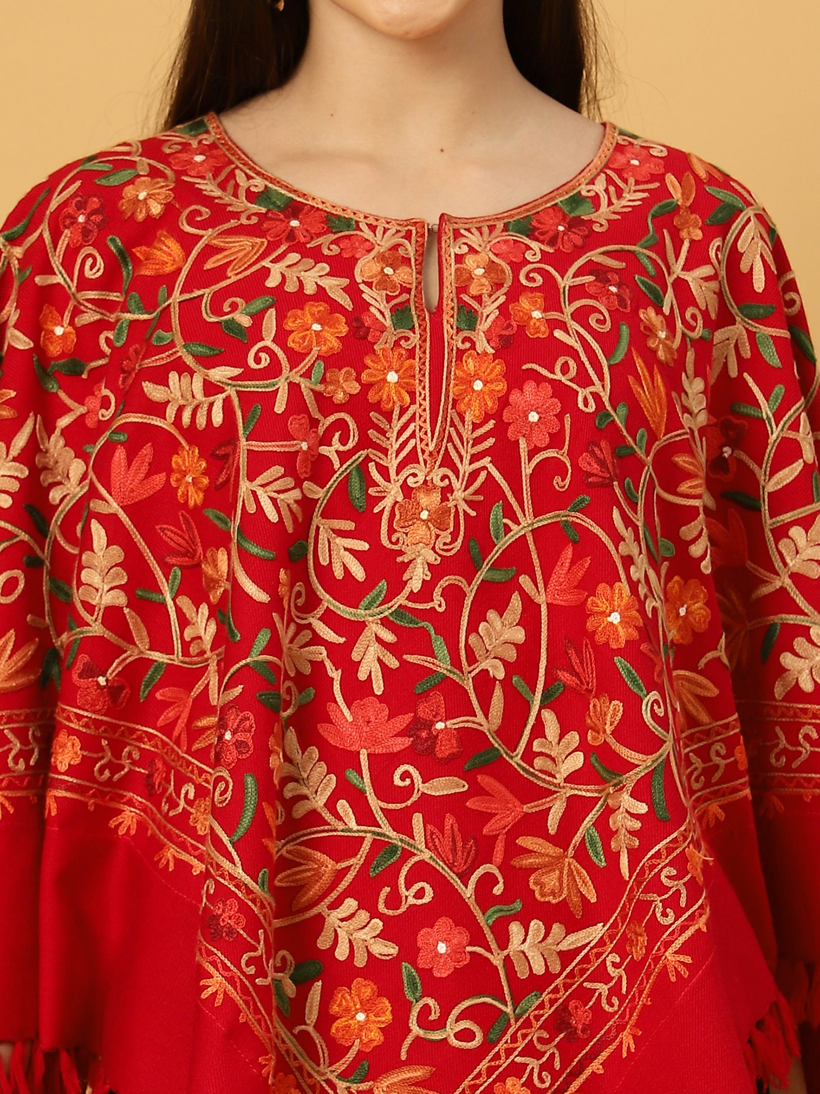 Woolen Kashmiri Poncho with Jaal Embroidery and Silk Lining | Red