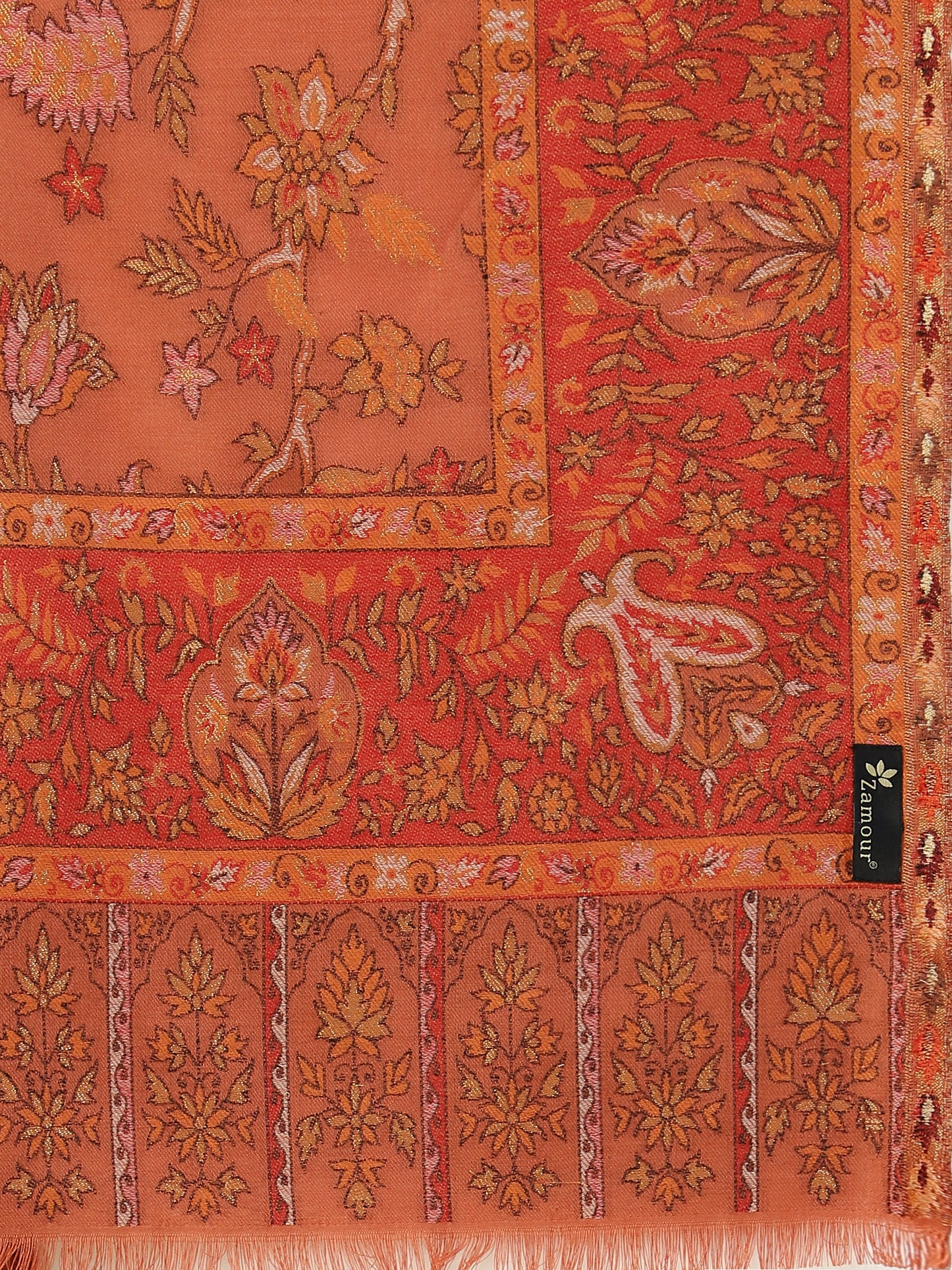 Kani Floral Zari Weave Pure Wool Shawl For Women | Rust