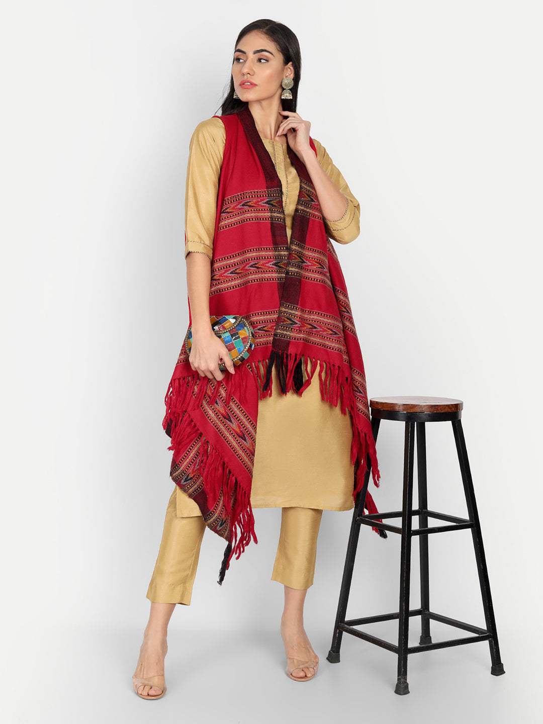 Women's Woven Cape Shrug in Himalayan Stripes | Maroon