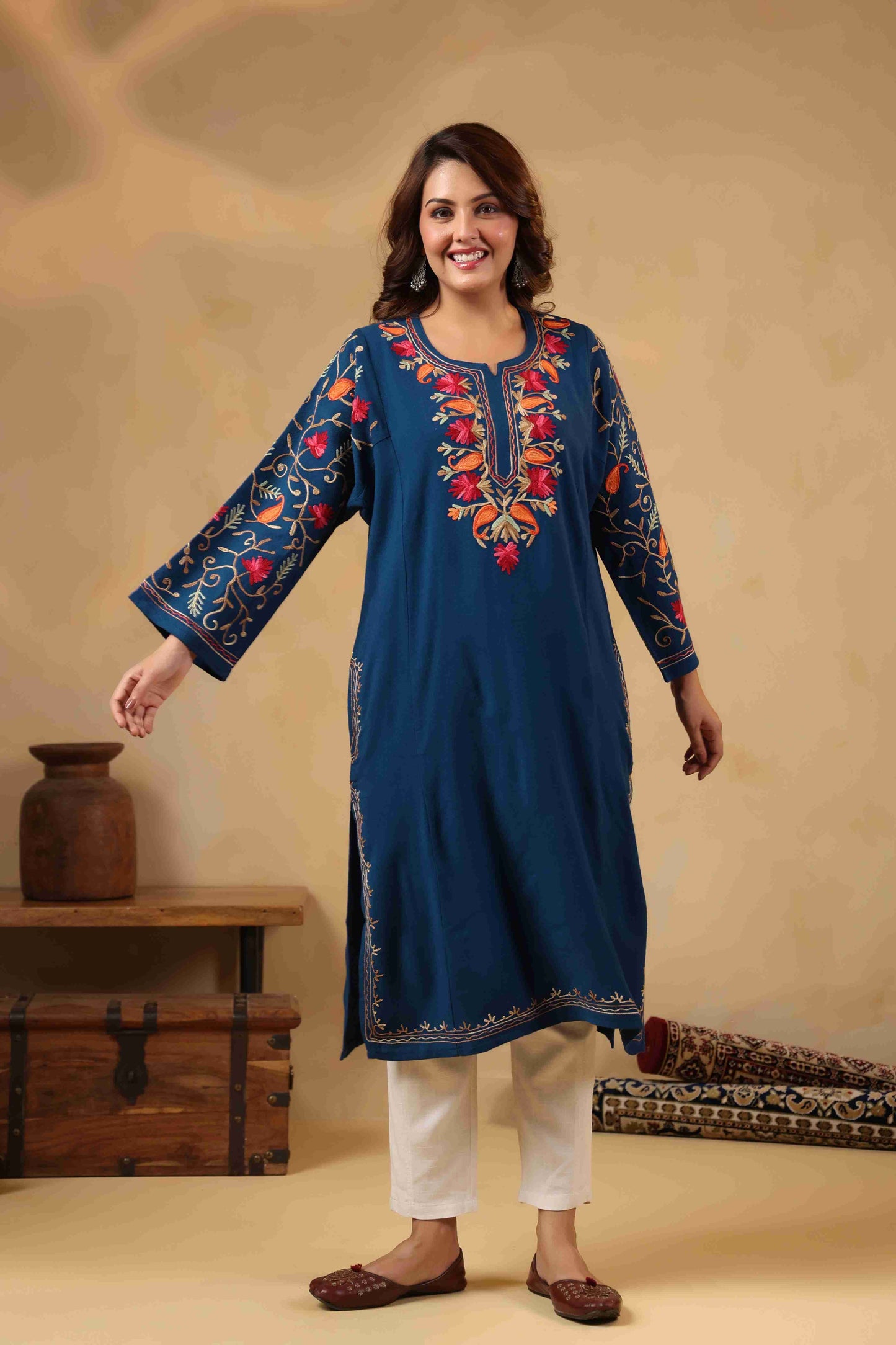 Multicolor Aari Embroidery Kashmiri Pheran | Blue