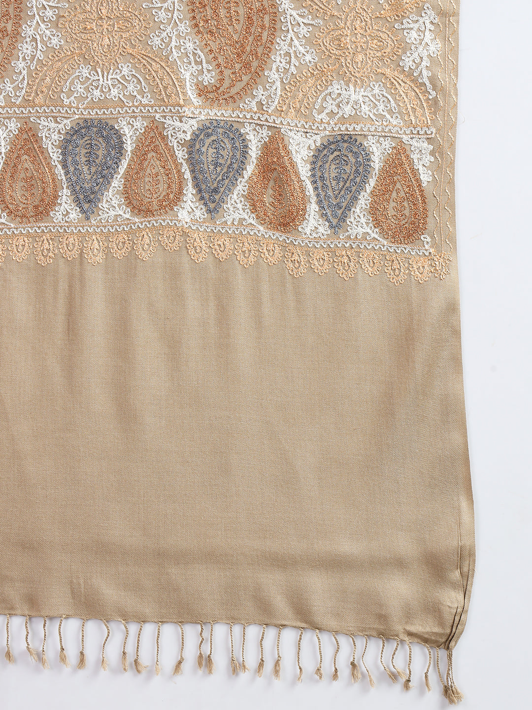 Woollen Pashmina Feel Royal Stole in Silk Embroidery Dense Jaal for Women | Brown