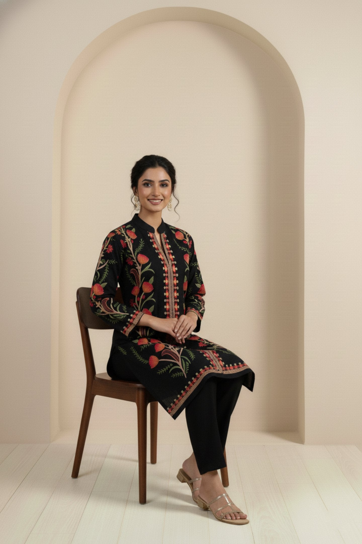 Floral Knitted Aari Embroidery Coord Set | Black