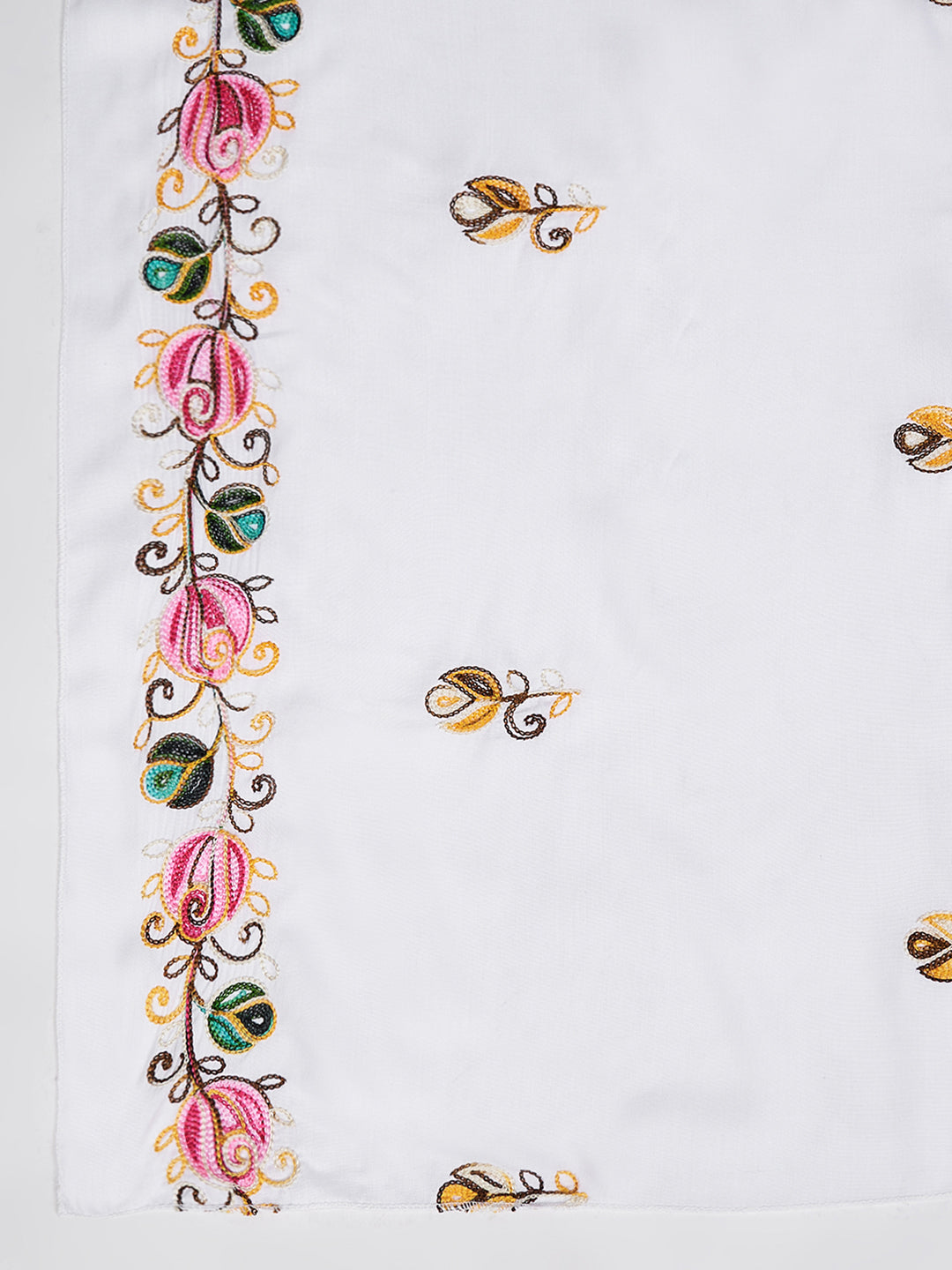 Floral Embroidered Rayon Dupatta for Women | White