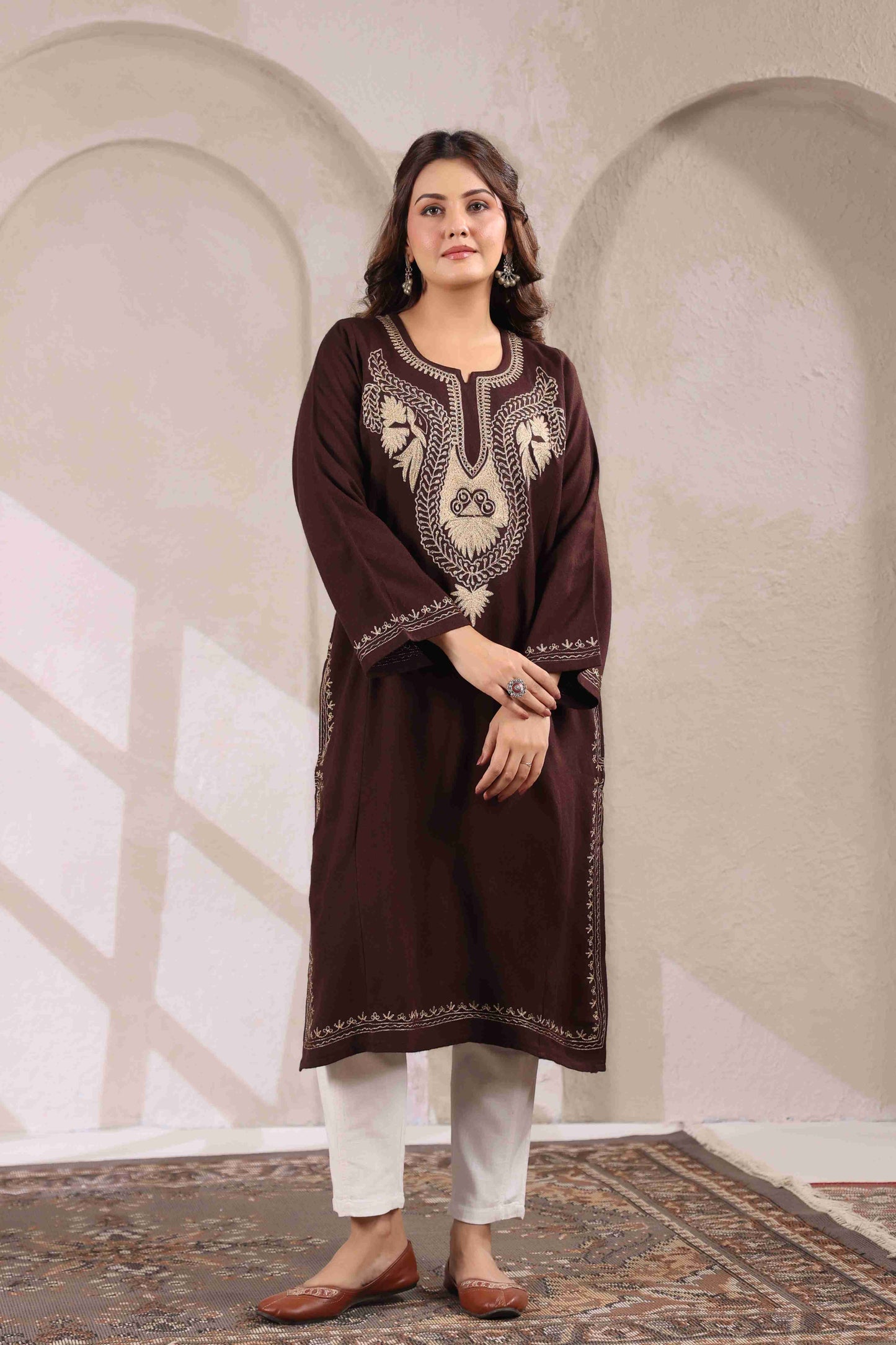 Kashmiri Pheran with Zari Embroidery | Brown