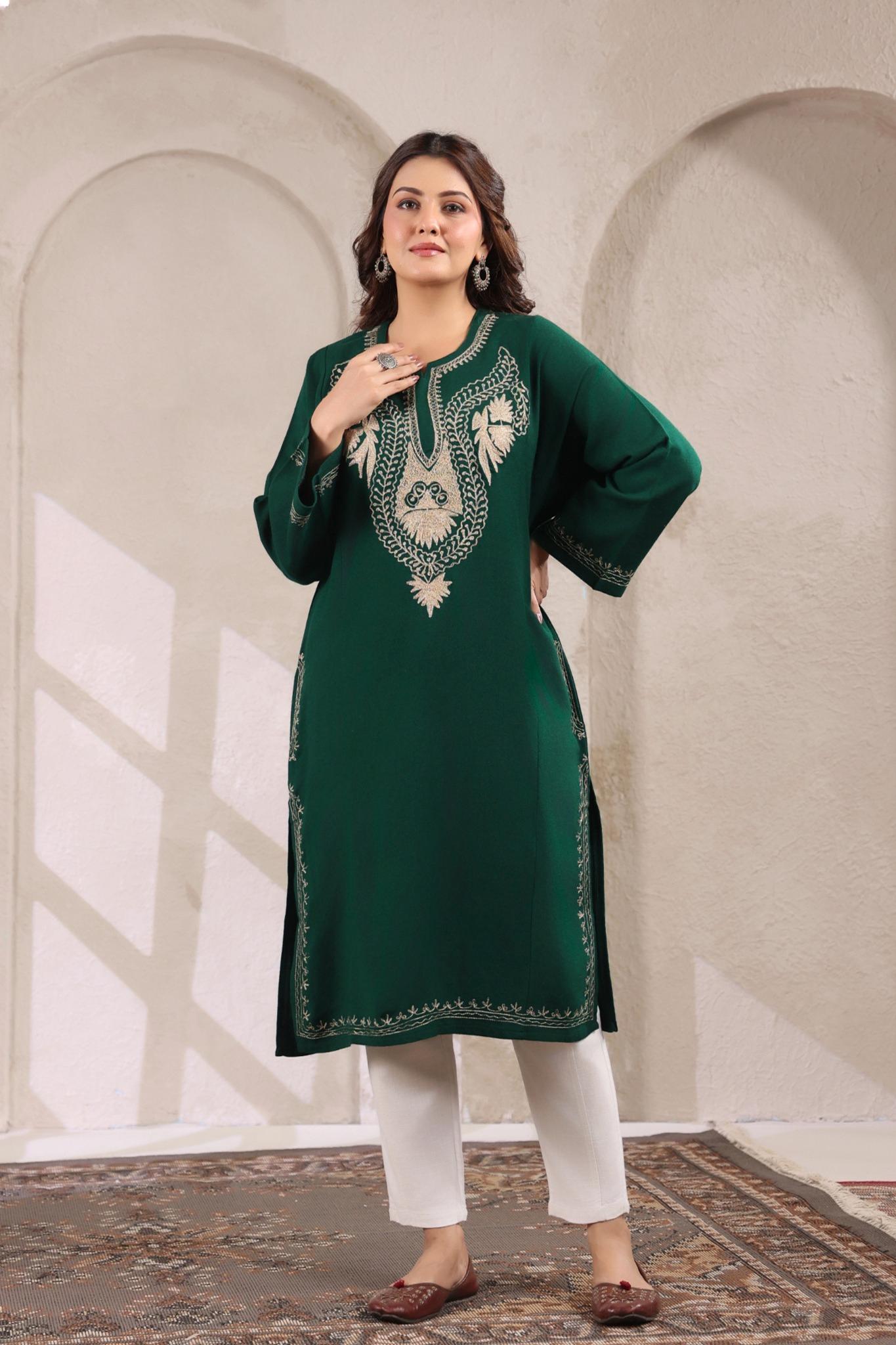 Kashmiri Pheran with Zari Embroidery | Green