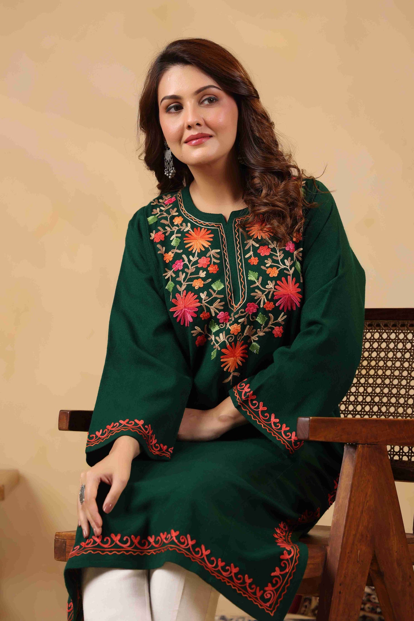 Multicolor Aari Embroidery Kashmiri Pheran | Green