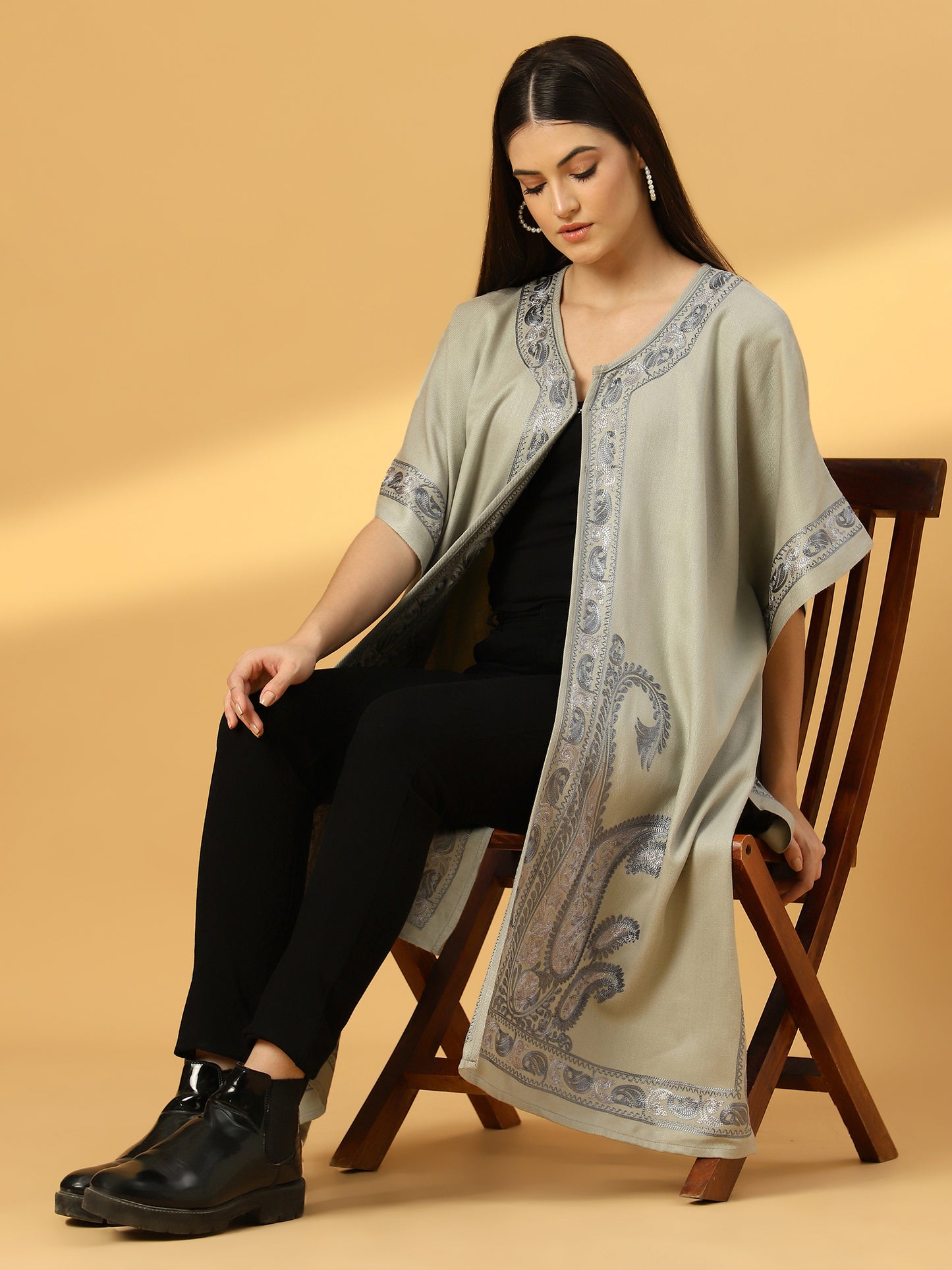 Kashmiri Embroidery Grey Pheran Shrug