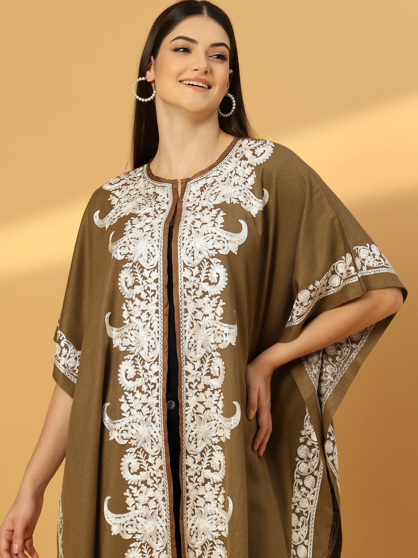 Floral Embroidery Brown Pheran Shrug