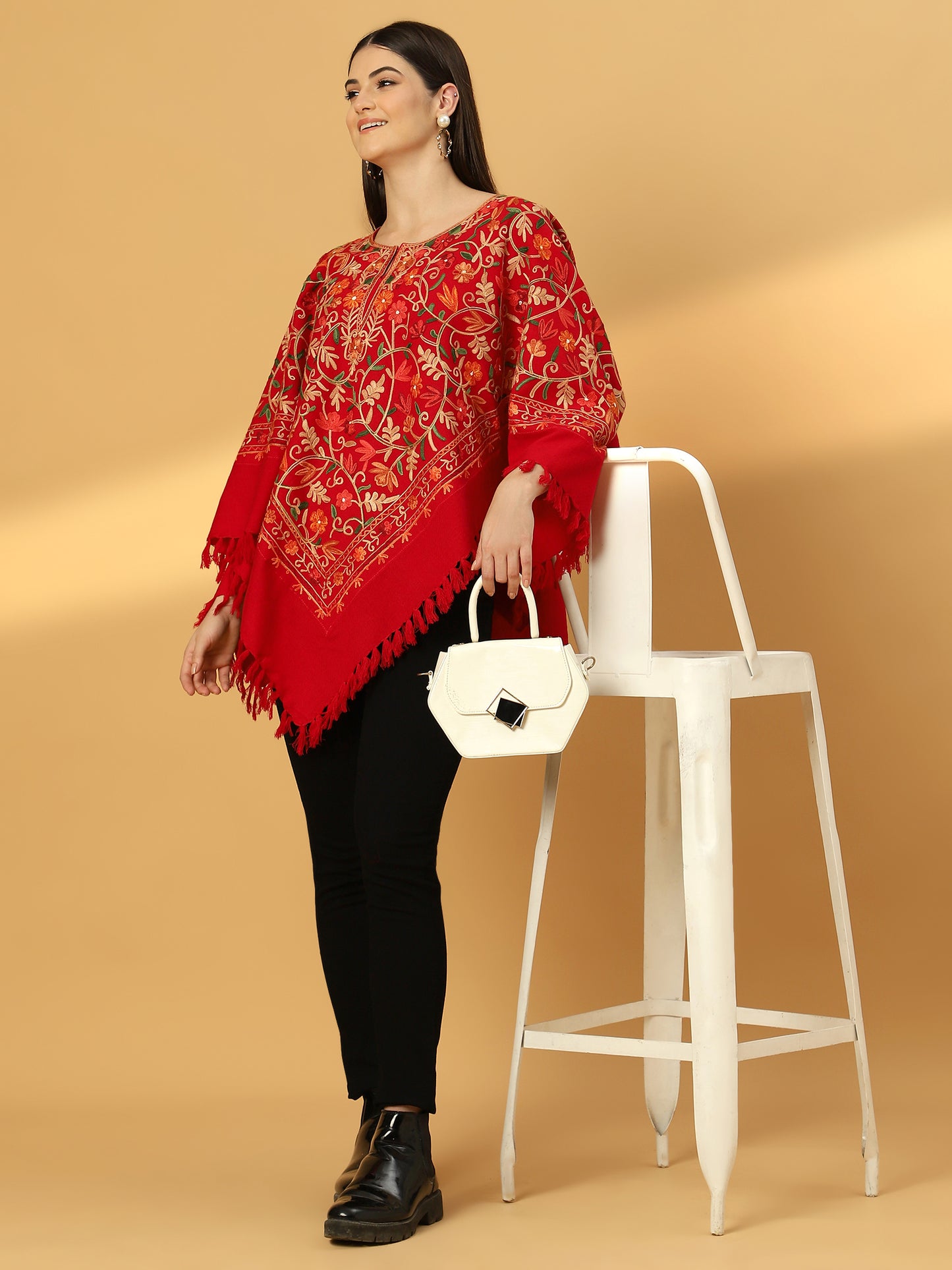 Woolen Kashmiri Poncho with Jaal Embroidery and Silk Lining | Red