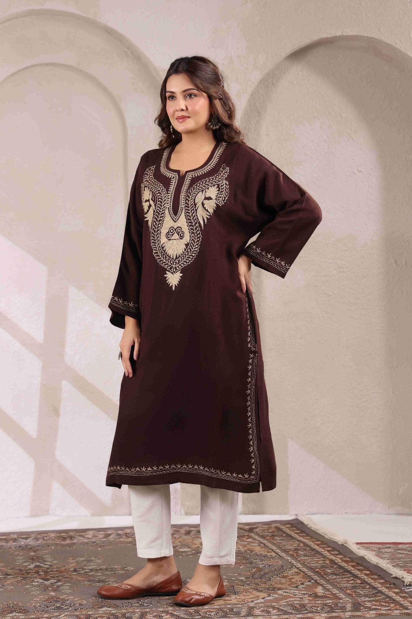 Kashmiri Pheran with Zari Embroidery | Brown