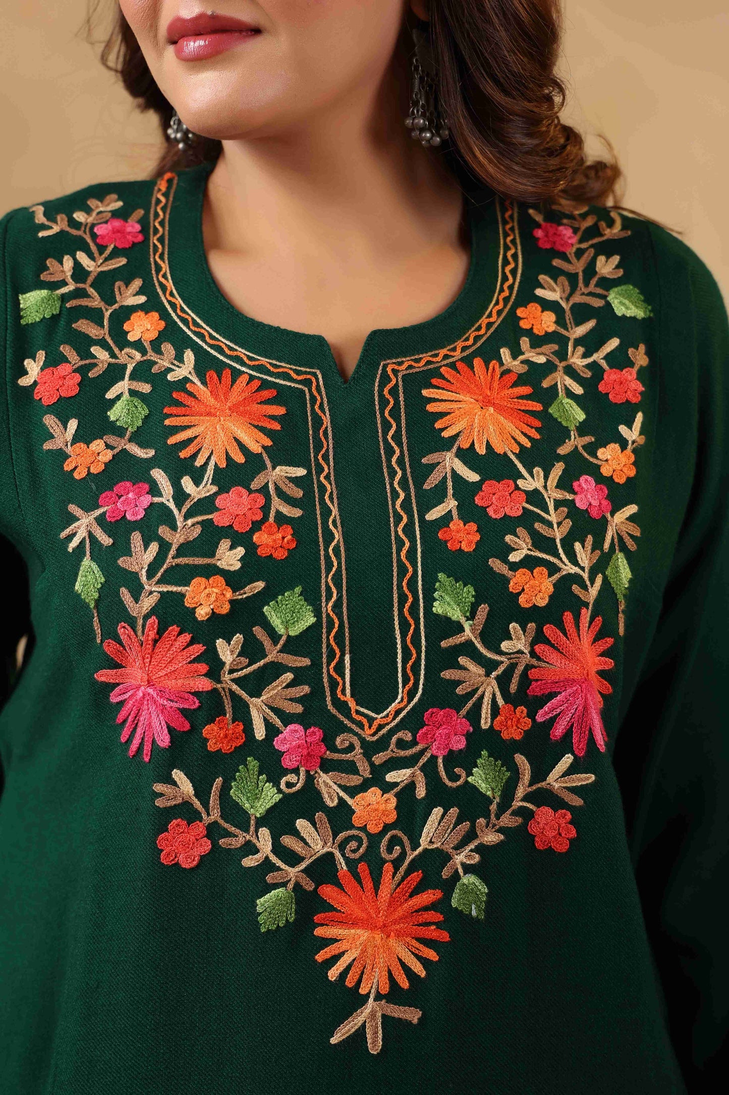 Multicolor Aari Embroidery Kashmiri Pheran | Green