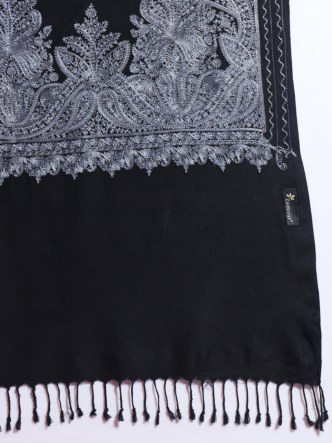 Woollen Pashmina Feel Stole in Silk Embroidery for Women | Black