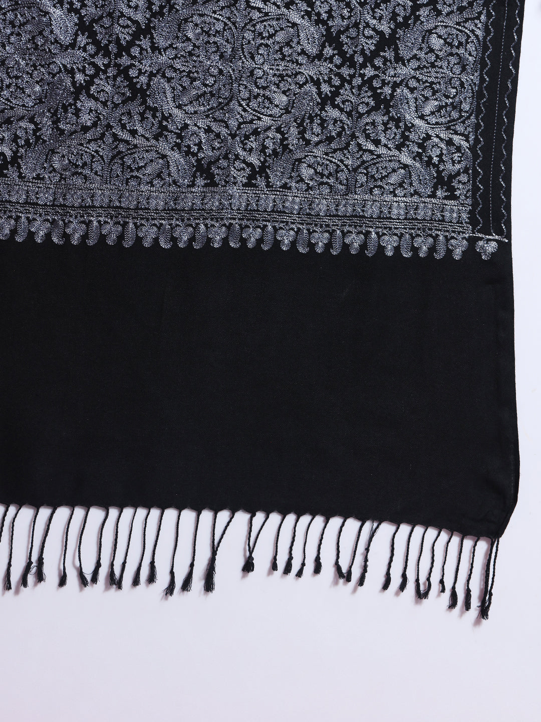 Woollen Pashmina Feel Stole in Silk Embroidery Dense Jaal for Women | Black