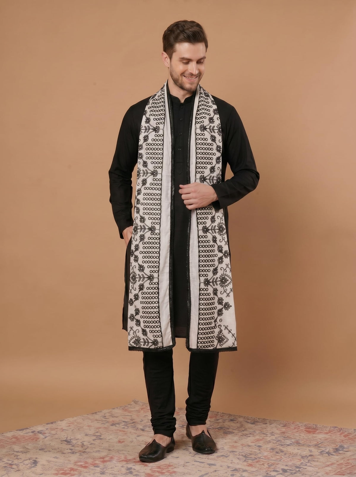 Pure Cotton Cross Embroidery Dupatta for Men | White - view 5