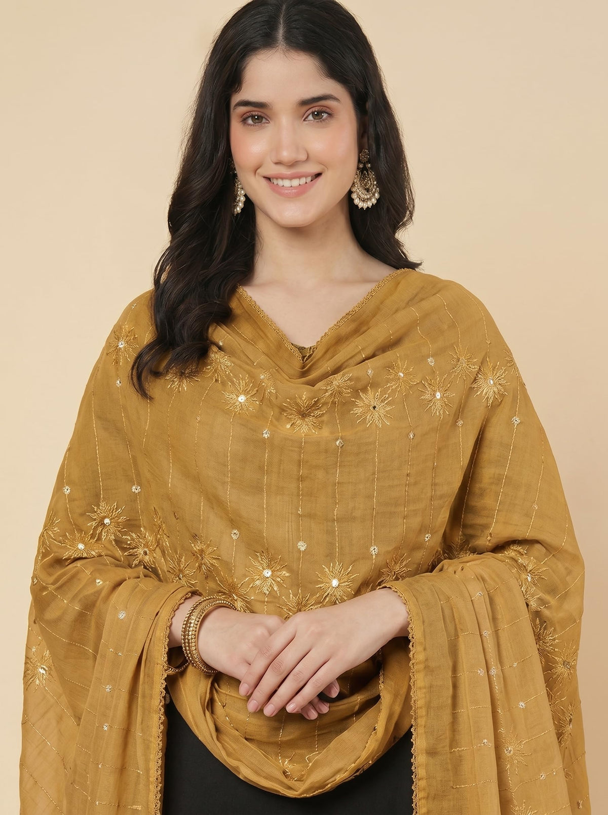 Floral Self Embroidered Chanderi Cotton Dupatta for Women | Sand Beige - view 6