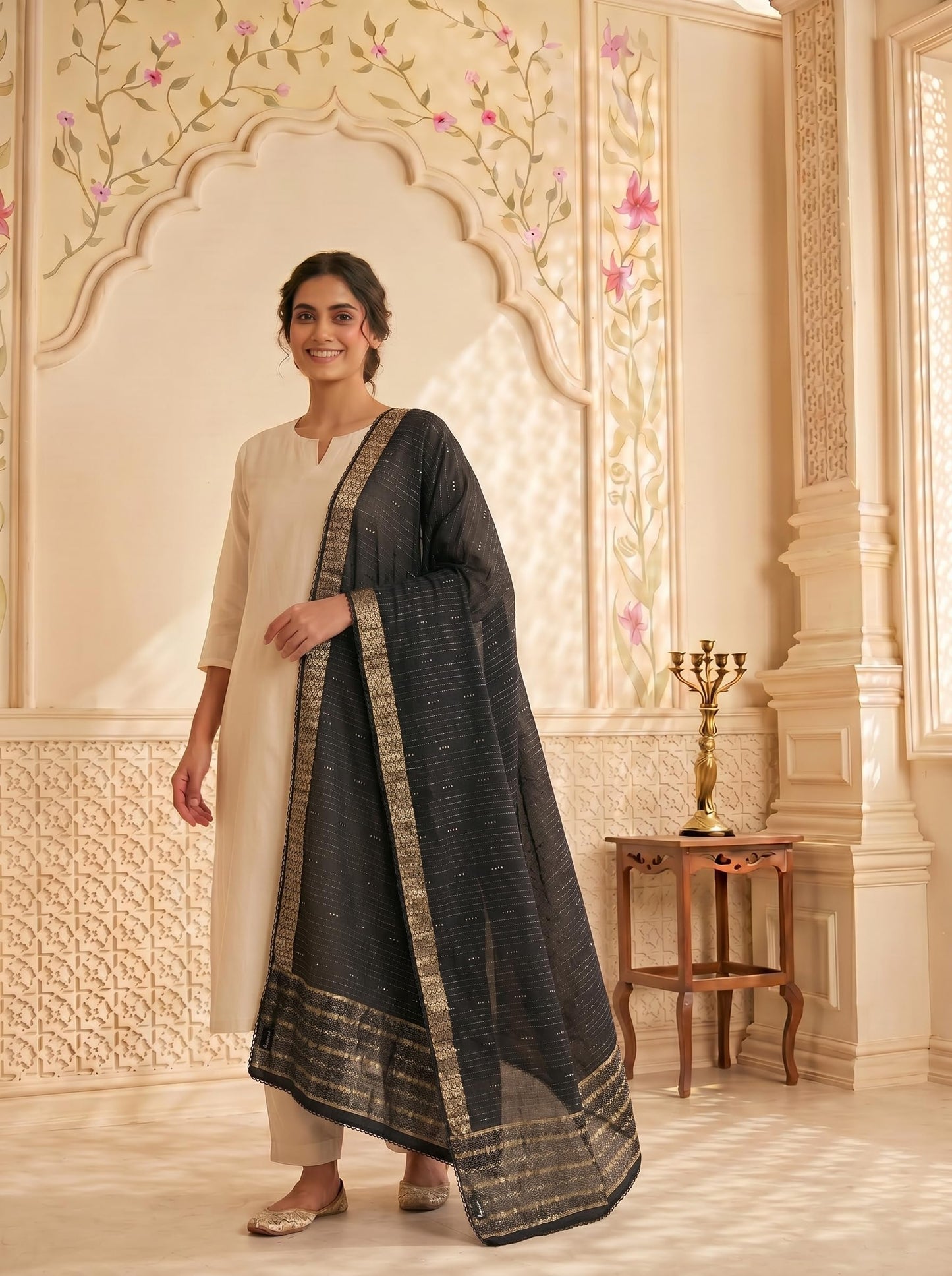 Zari Woven Chanderi Cotton Dupatta for Women | Black - view 6