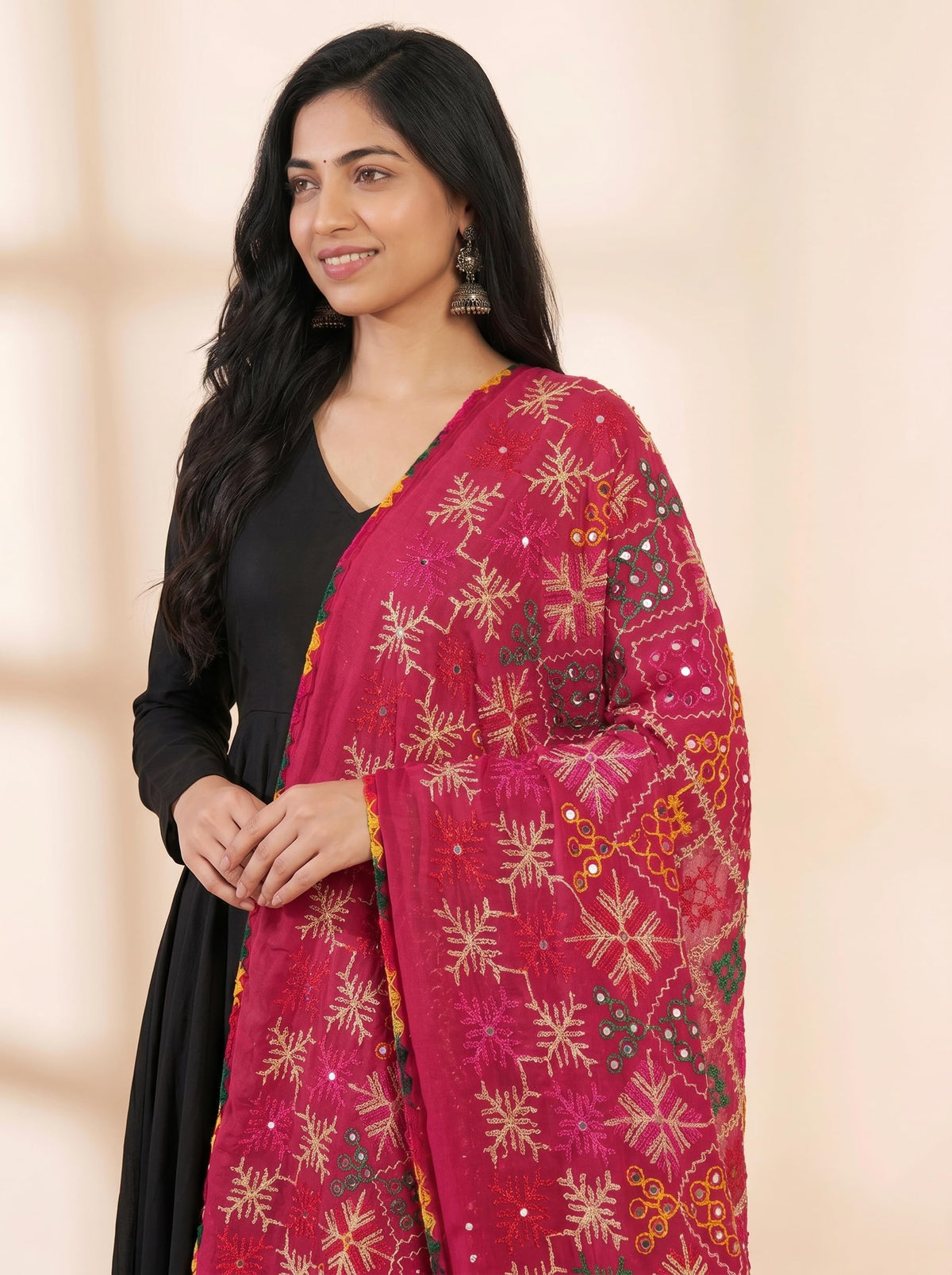 Pure Cotton Phulkari Embroidered Dupatta for Women | Pink - view 5