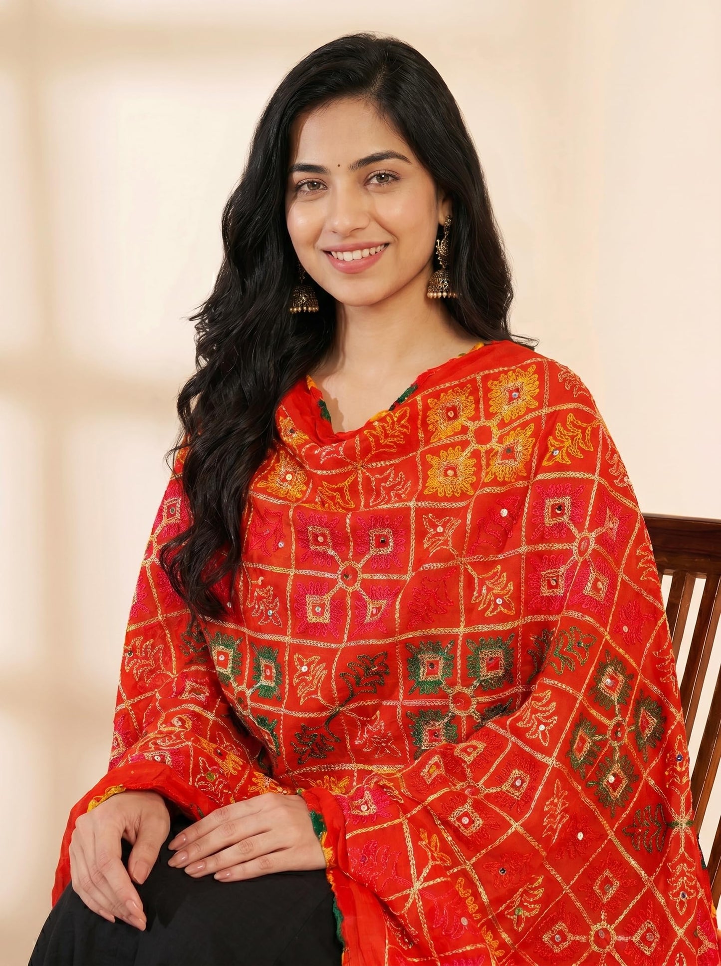Pure Cotton Phulkari Embroidered Dupatta for Women | Red - view 6