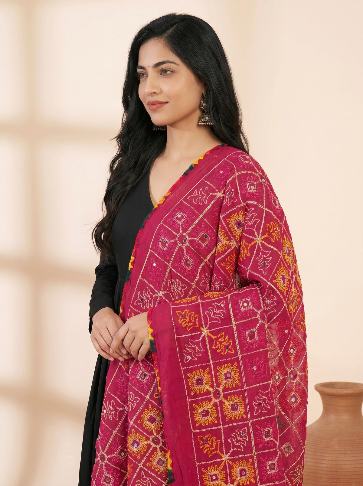 Pure Cotton Phulkari Embroidered Dupatta for Women | Pink - view 5