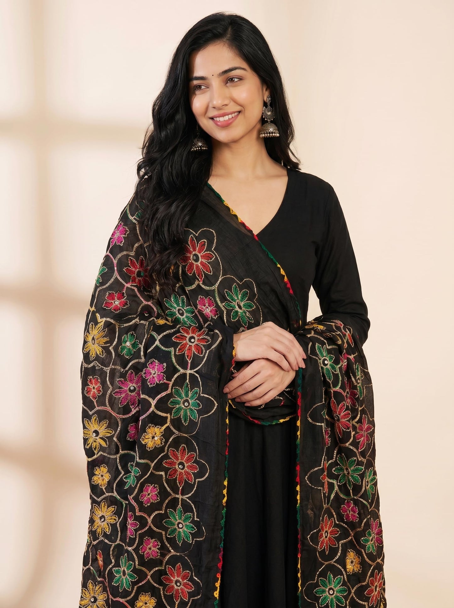 Pure Cotton Phulkari Embroidered Dupatta for Women | Black - view 5