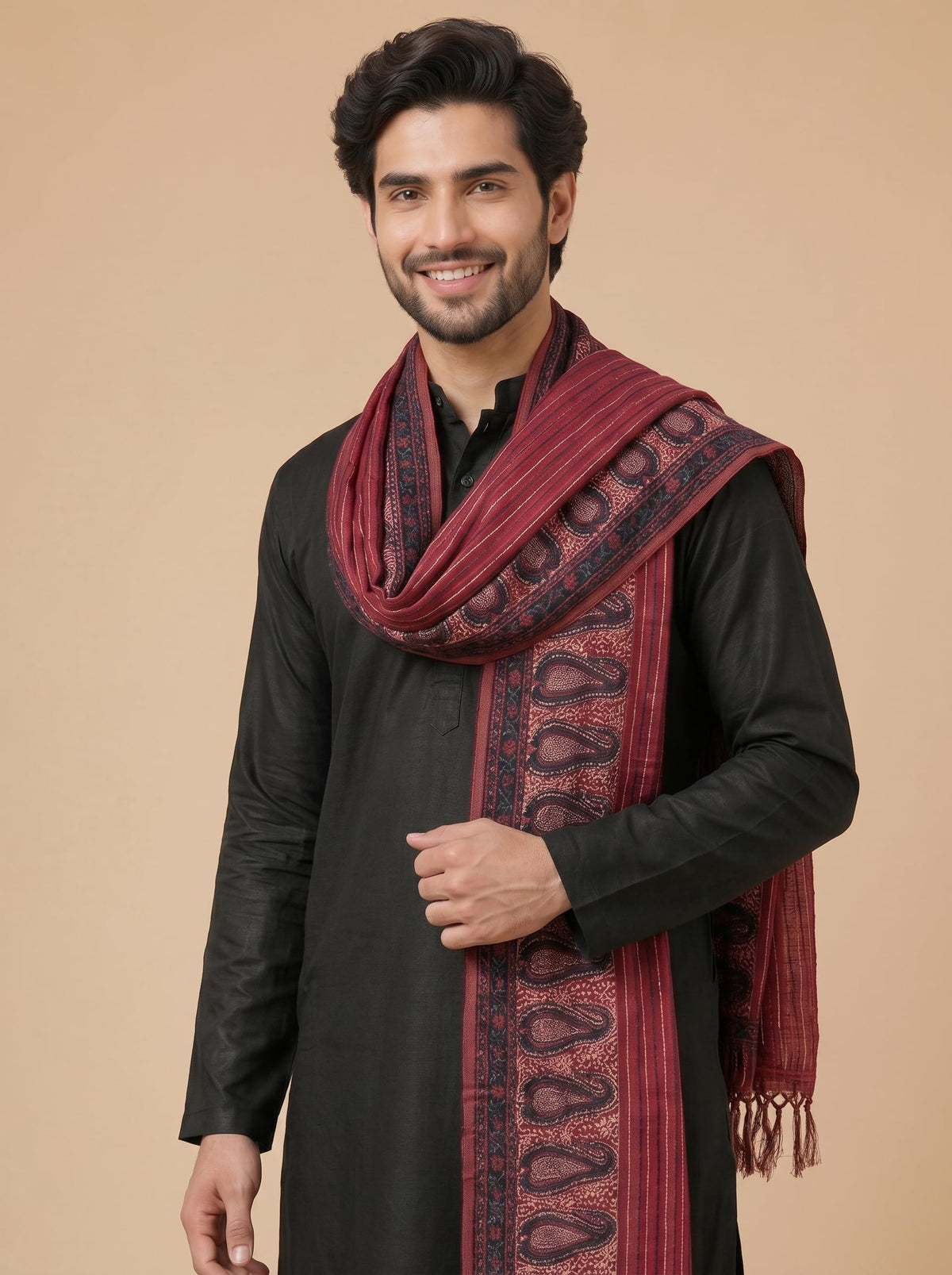 Printed Bandhani Dupatta for Men | Maroon - view 5