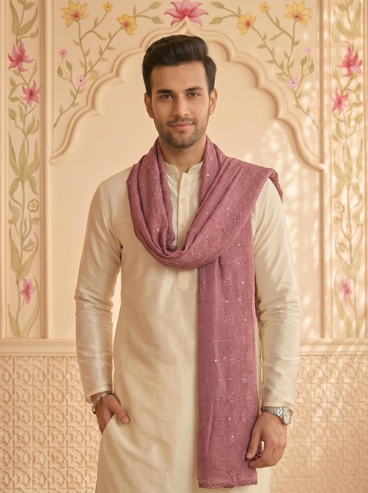 Floral Self Embroidered Chanderi Cotton Dupatta for Men | Dusty Pink - view 5