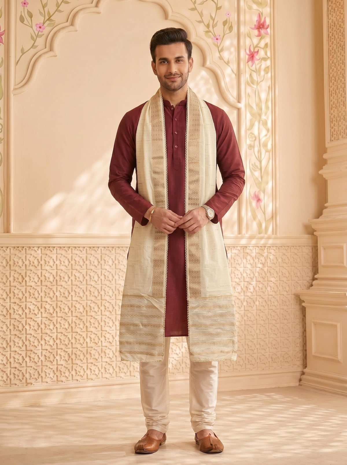 Zari Woven Chanderi Cotton Dupatta for Men | Off White - view 5