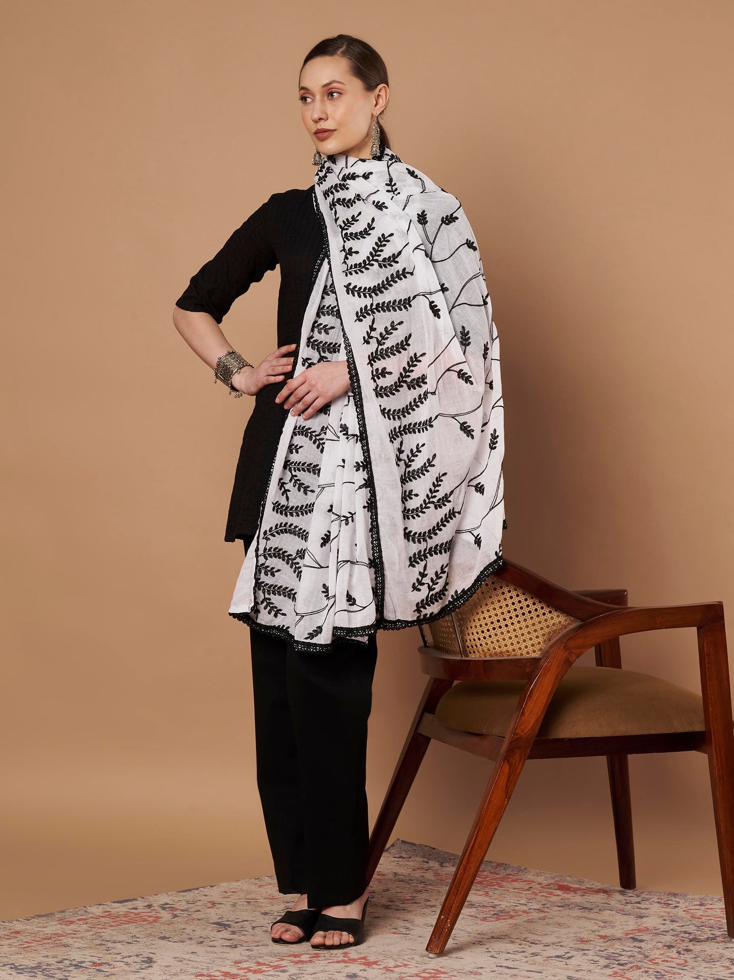 Pure Cotton Embroidery Leaf Dupatta for Women | White - view 5