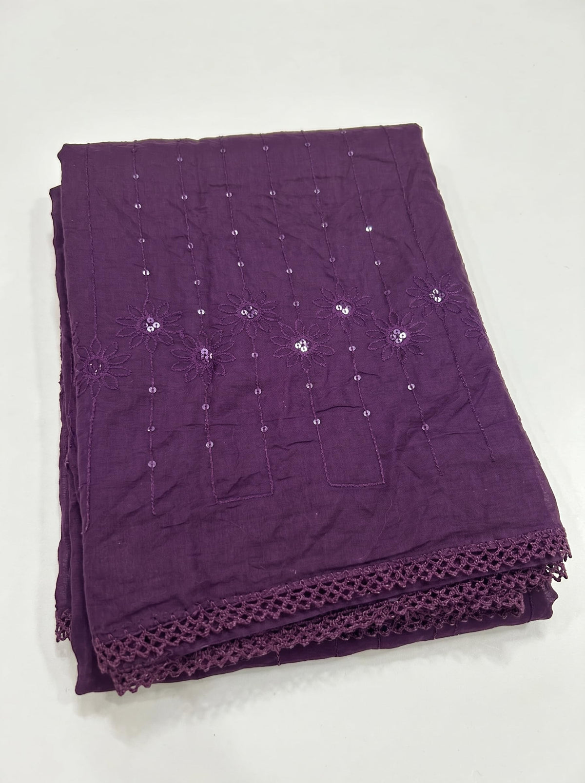 Floral Self Embroidered Chanderi Cotton Dupatta for Women | Purple - view 5