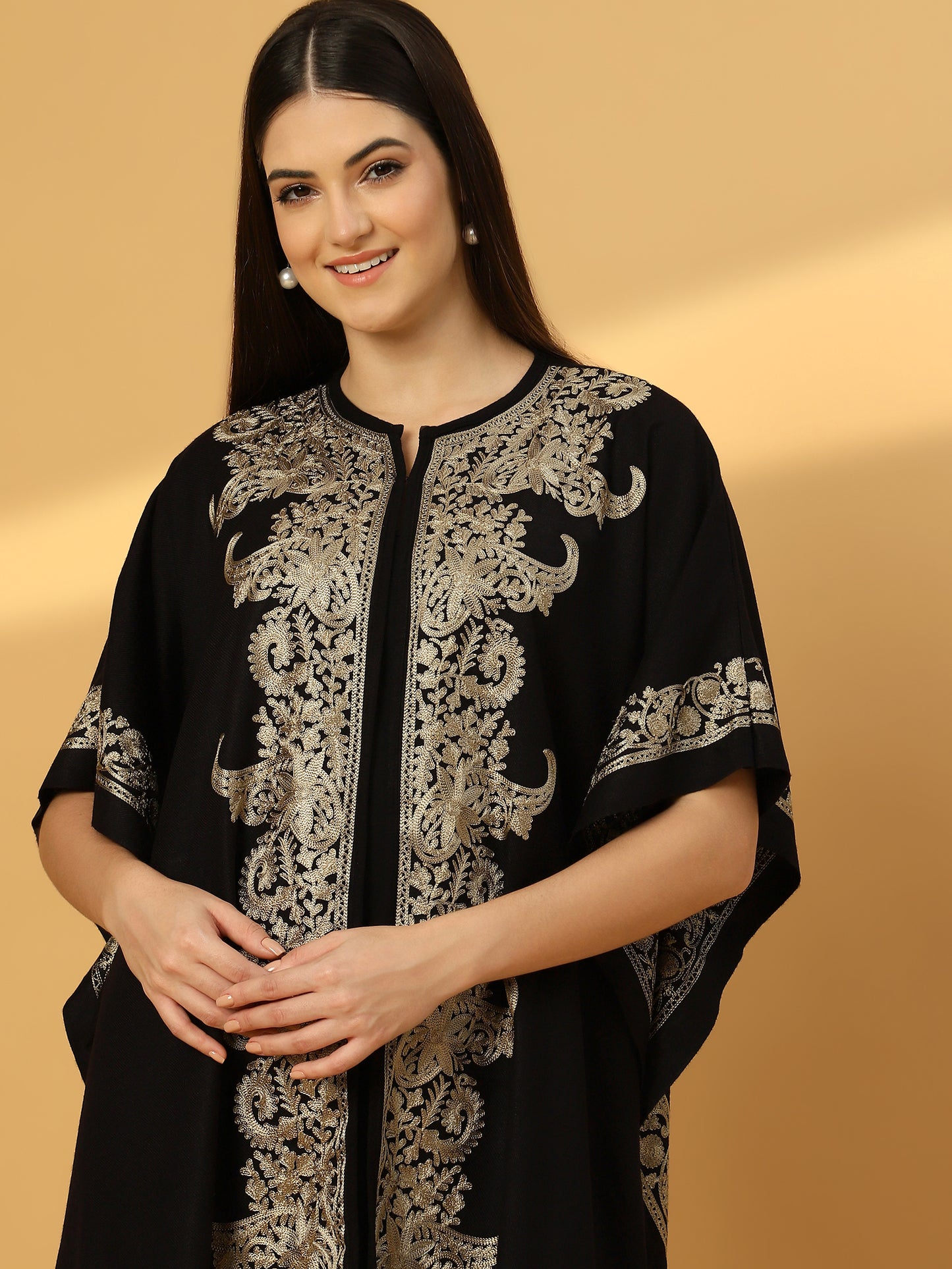 Floral Embroidery Black Pheran Shrug