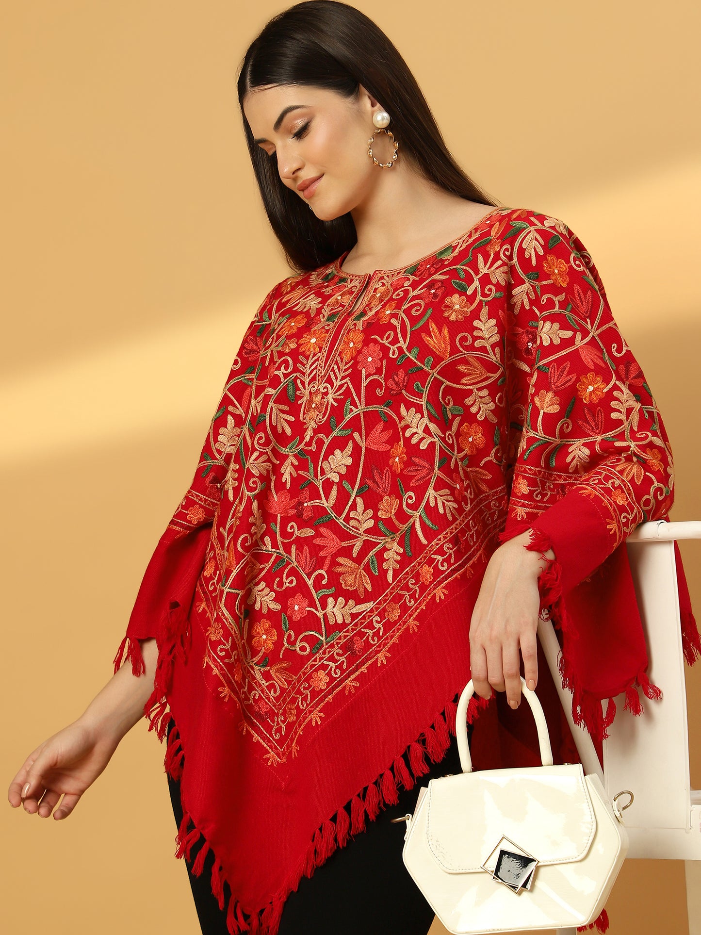 Woolen Kashmiri Poncho with Jaal Embroidery and Silk Lining | Red