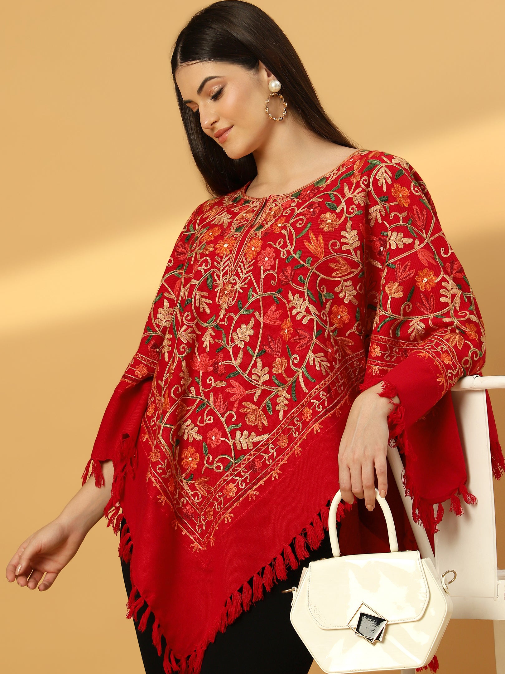 Woolen Kashmiri Poncho with Jaal Embroidery and Silk Lining | Red