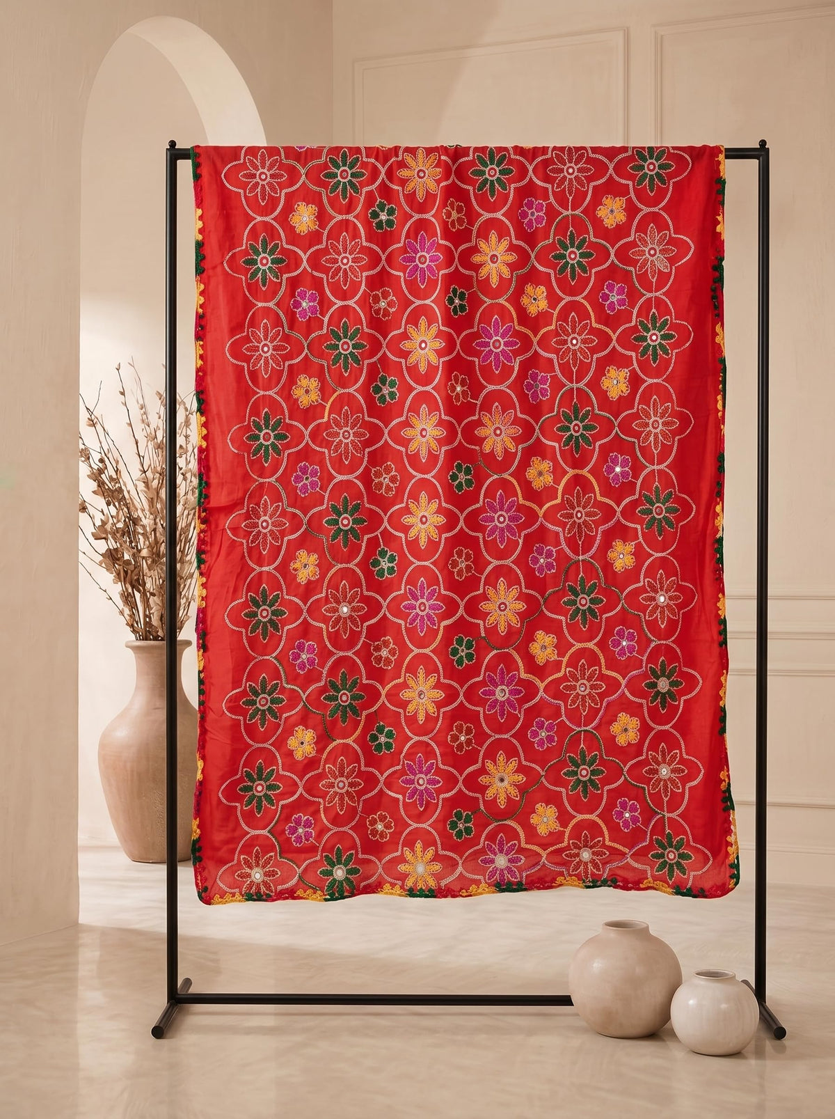 Pure Cotton Embroidered Phulkari Dupatta for Men | Red - view 6