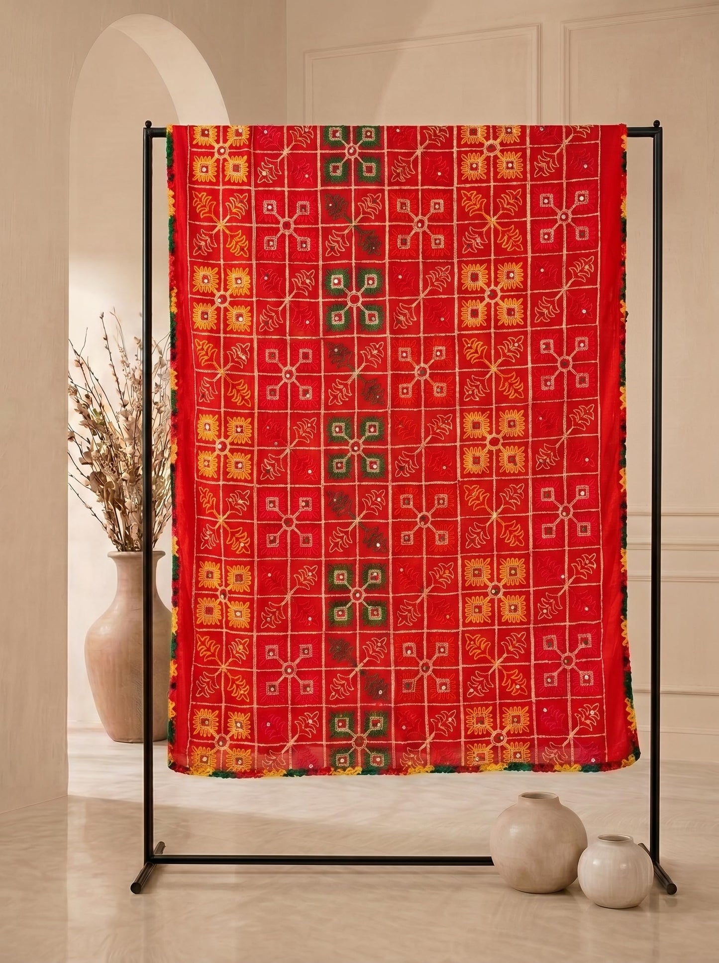 Pure Cotton Embroidered Phulkari Dupatta for Men | Red - view 7