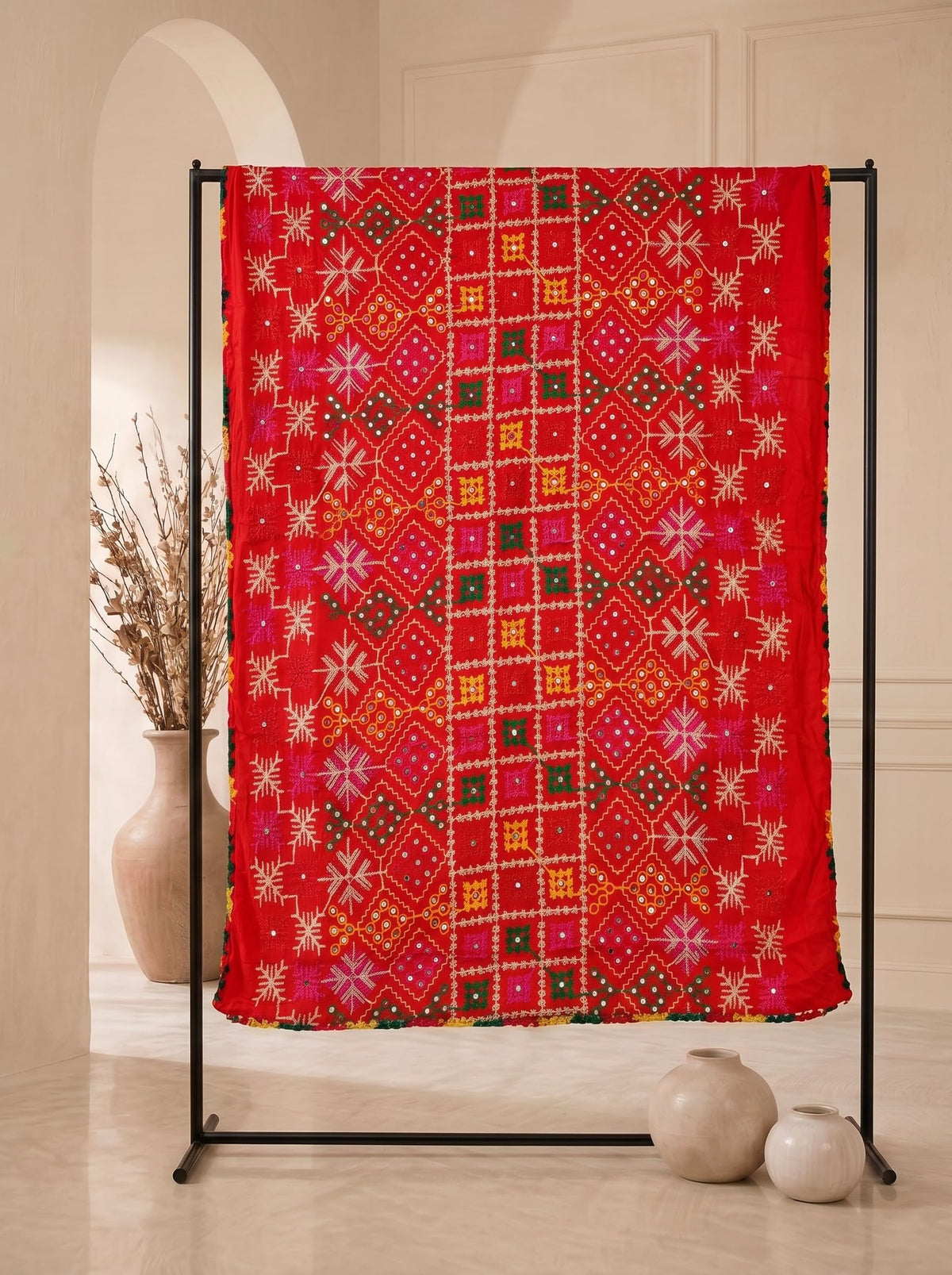 Pure Cotton Embroidered Phulkari Dupatta for Men | Red - view 6