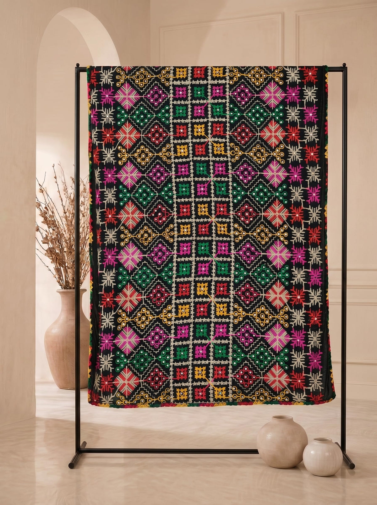 Pure Cotton Embroidered Phulkari Dupatta for Men | Black - view 6
